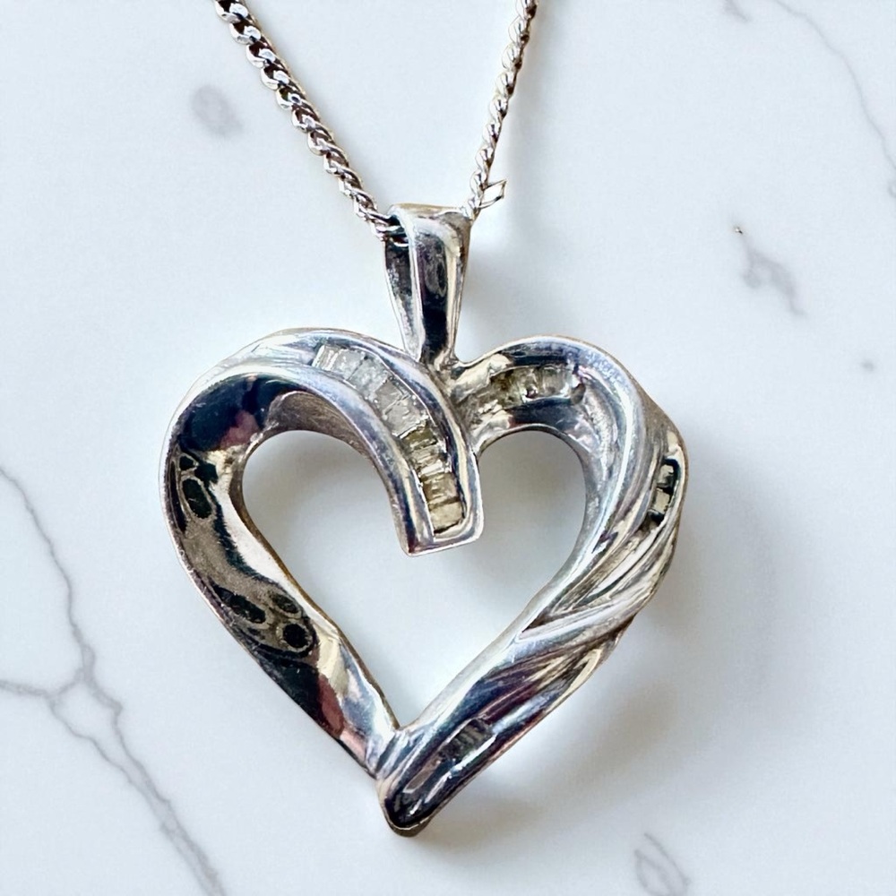 Sterling Silver  925 baguette  Diamond Heart Shape Pendant Necklace